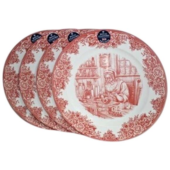 4pc Royal Stafford Christmas SANTA'S WORKSHOP Porcelain Dinner Plates 11" Red - Picture 9 of 15